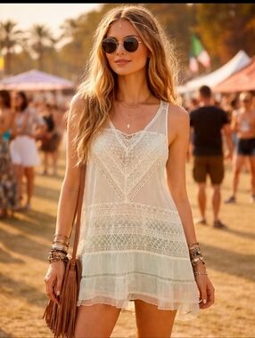 FREE PEOPLE Vintage Embroidered Tulle Sheer Tunic Dress Mint Green Xs RARE NWT